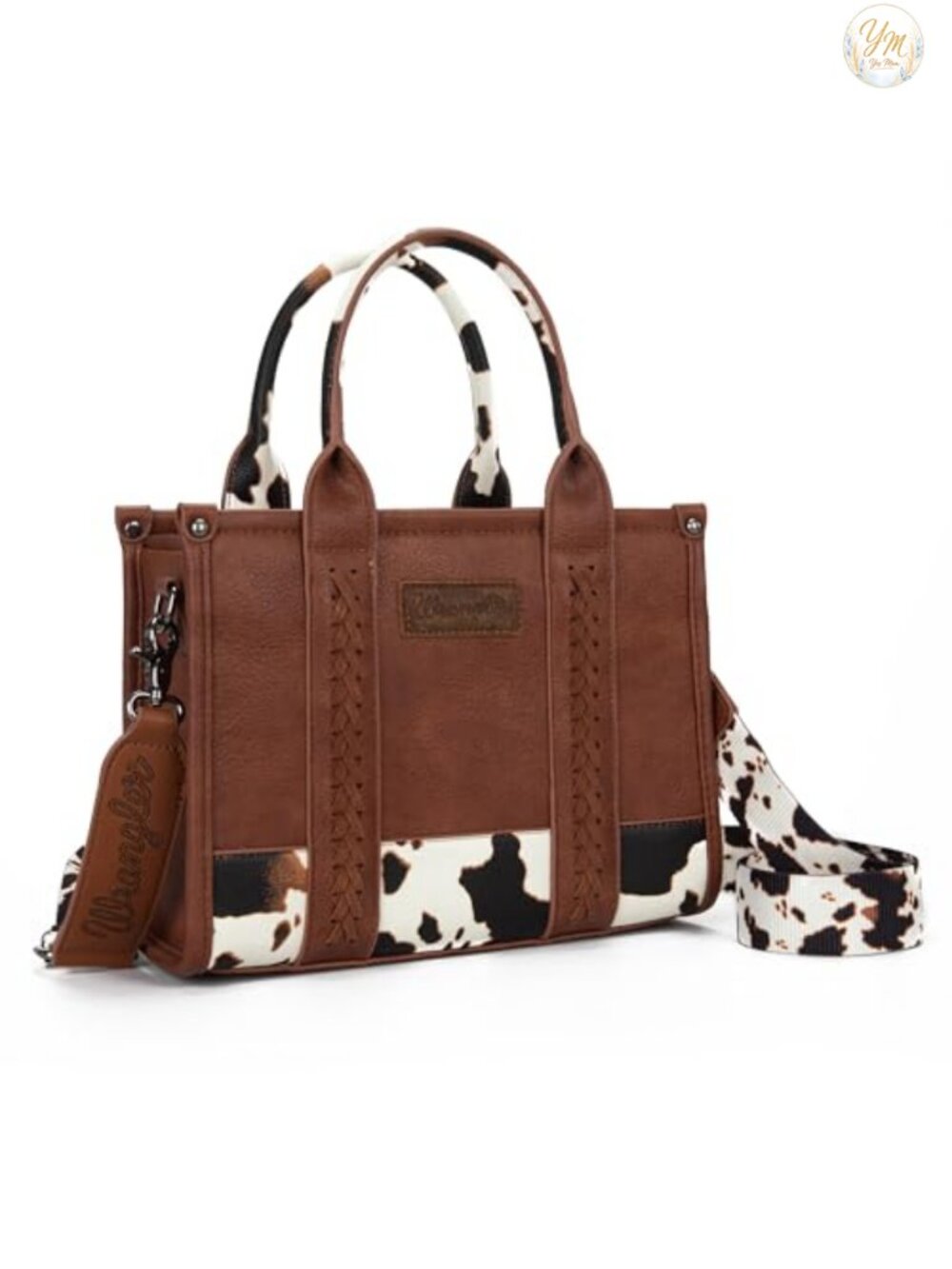 Faux Leather Cow Print Tote Purse with Whipstitch Top Handle - Adjustable Strap